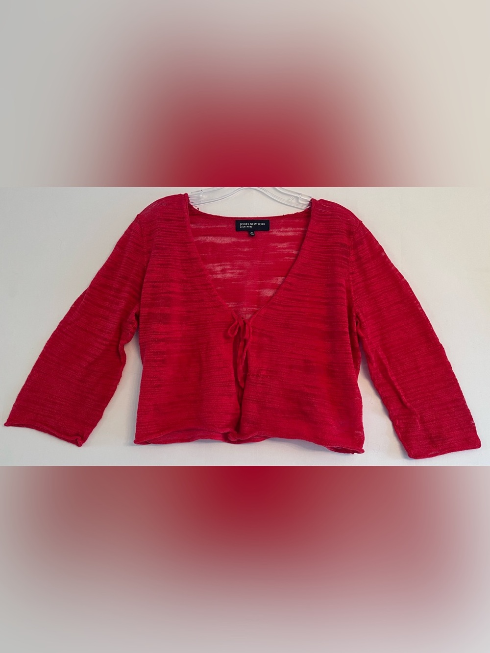 Jones New York Sheer Red Tie-Front Crop Cardigan Knit Top M